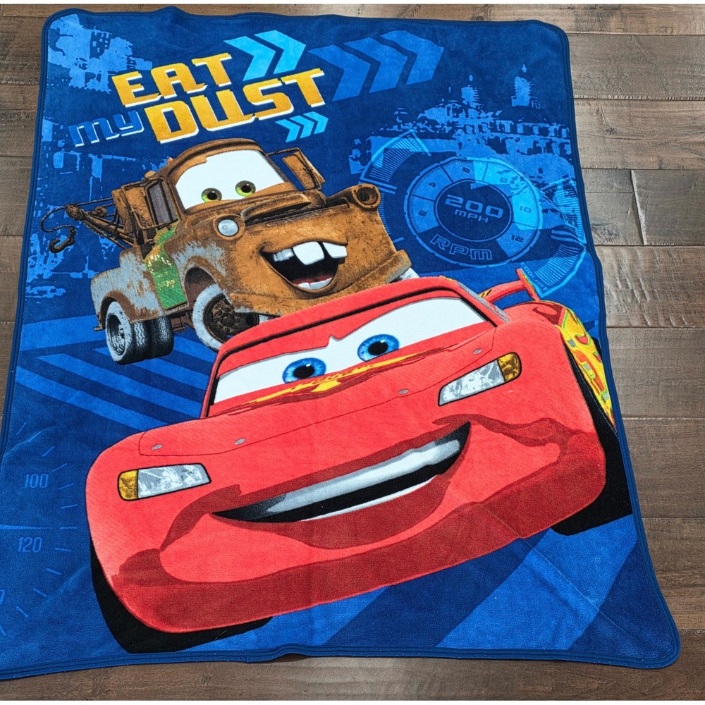 Disney Pixar Cars Lightning McQueen Mater Eat My Dust Blue Plush Throw Blanket